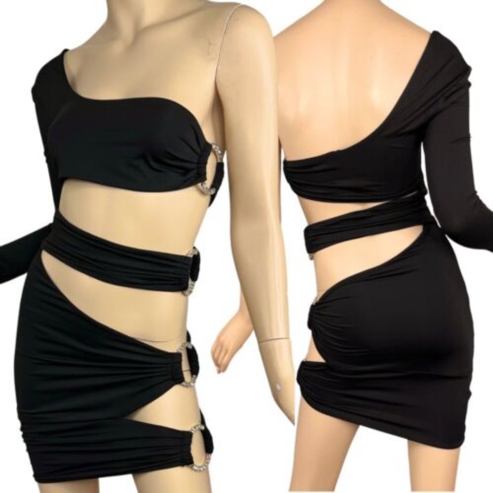 Cut Out Mini Dress Black Rhinestone Sexy O Ring One Shoulder size Small
